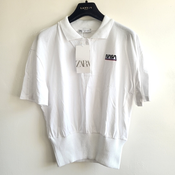 New Zara Embroidered "NASA" Short Sleeve White Polo Shirt NWT Size Large - Picture 8 of 14